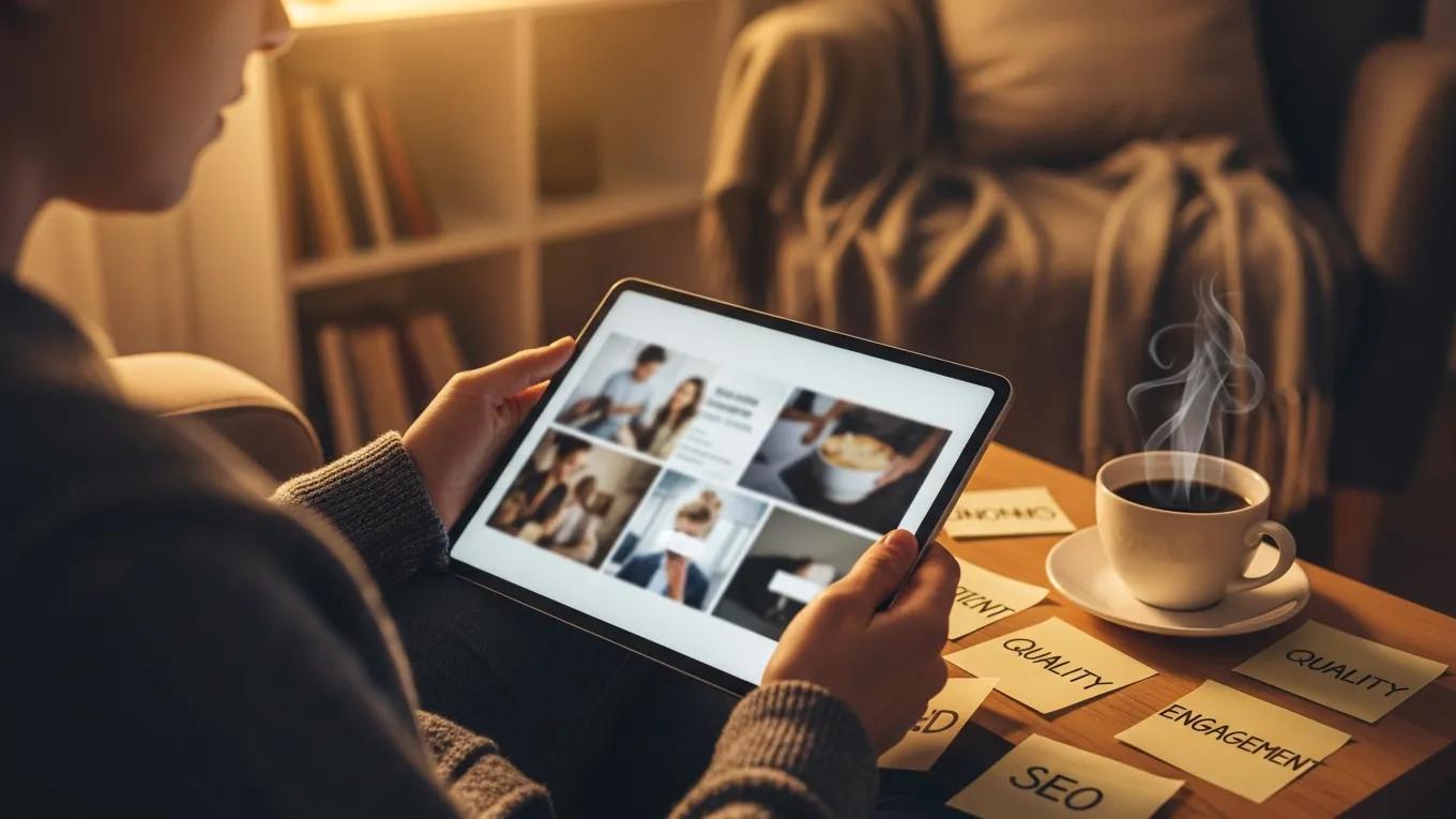 Person reviewing content on a digital tablet in a cozy workspace
